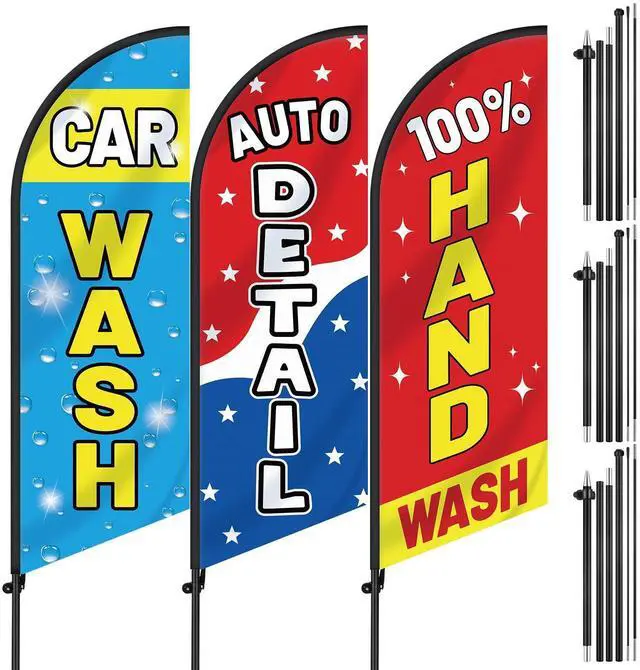 Alt view image 8 of 14 - 3 Pcs Car Wash Sign Car Wash Flags Feather Flag Banner Auto Detail Hand Wash Sign Feather Advertising Flag with Pole Kit Weatherproof Polyester Flag for Business Advertising