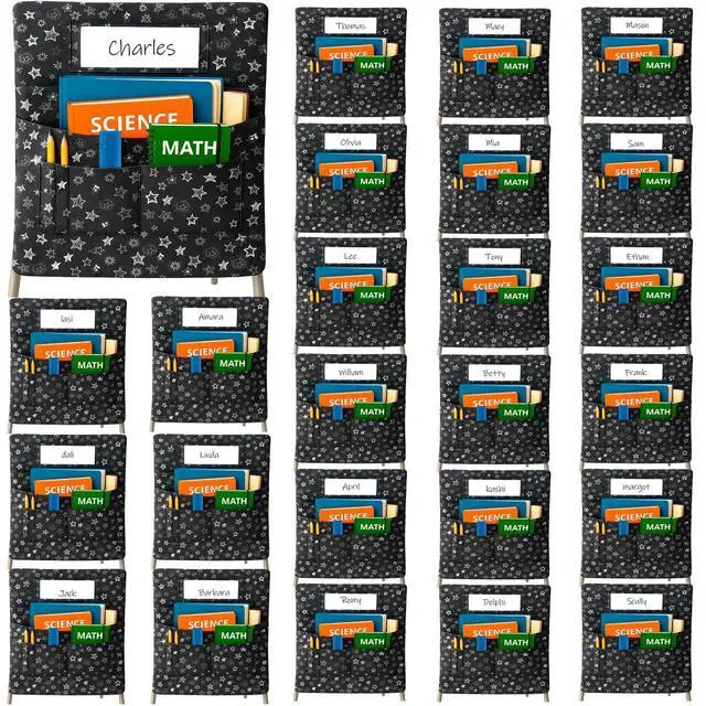 Alt view image 8 of 14 - 25 PCS Chair Pockets for Classroom Chairs, 15"W x 19"H Seat Sacks with 5 Pockets, Durable 600D Oxford Student Chair Bag Organizer with Name Tag Slot for K-5 Kindergarten School, Black
