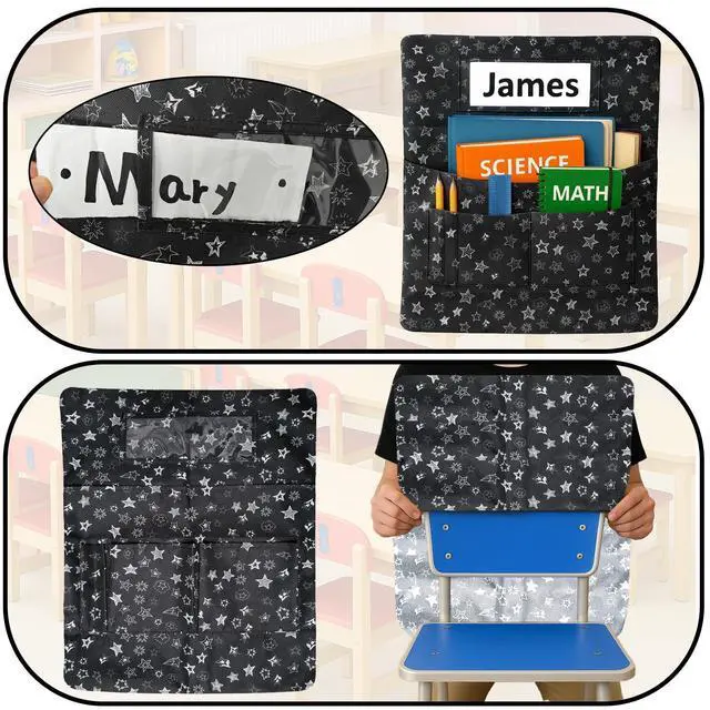 Alt view image 10 of 14 - 25 PCS Chair Pockets for Classroom Chairs, 15"W x 19"H Seat Sacks with 5 Pockets, Durable 600D Oxford Student Chair Bag Organizer with Name Tag Slot for K-5 Kindergarten School, Black