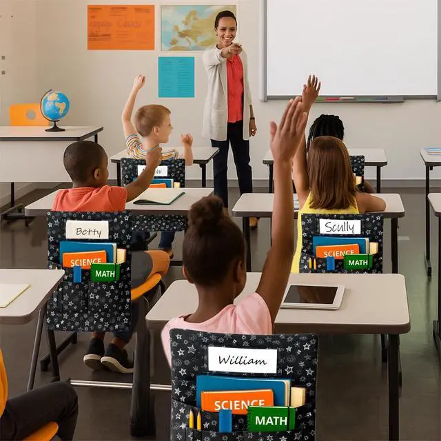 Alt view image 11 of 14 - 25 PCS Chair Pockets for Classroom Chairs, 15"W x 19"H Seat Sacks with 5 Pockets, Durable 600D Oxford Student Chair Bag Organizer with Name Tag Slot for K-5 Kindergarten School, Black