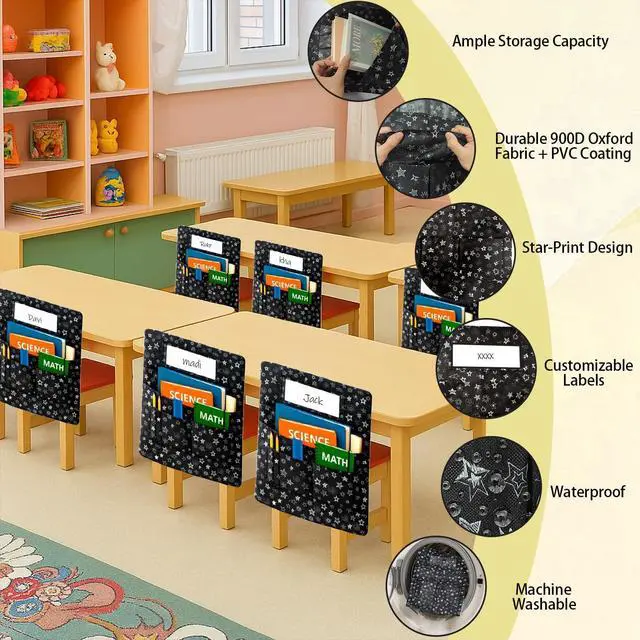 Alt view image 12 of 14 - 25 PCS Chair Pockets for Classroom Chairs, 15"W x 19"H Seat Sacks with 5 Pockets, Durable 600D Oxford Student Chair Bag Organizer with Name Tag Slot for K-5 Kindergarten School, Black