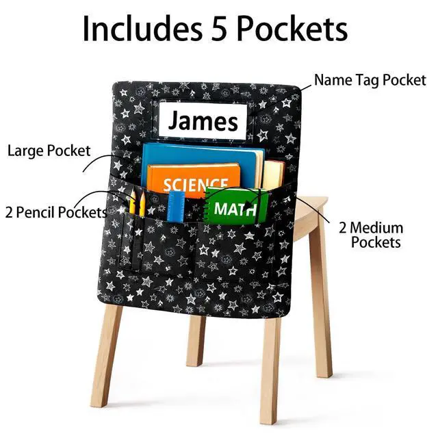 Alt view image 13 of 14 - 25 PCS Chair Pockets for Classroom Chairs, 15"W x 19"H Seat Sacks with 5 Pockets, Durable 600D Oxford Student Chair Bag Organizer with Name Tag Slot for K-5 Kindergarten School, Black