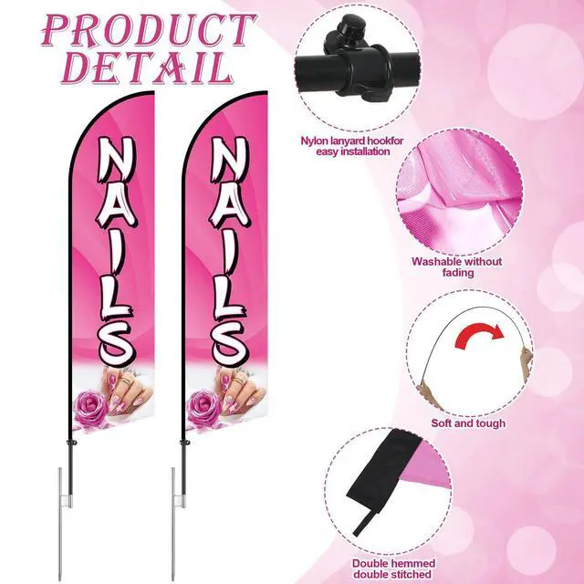 Alt view image 11 of 14 - 2 Sets Nails Salon Feather Flag Sign 11FT Nails Flags for Business Pole Kit with Stainless Steel Ground Spikes Portable Bags Pink Feather Banner Signs for Businesses Advertising Marketing