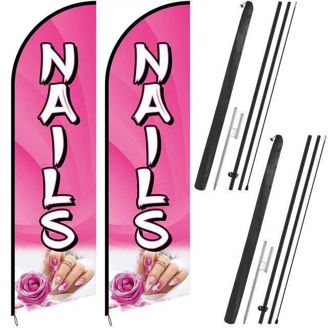 Alt view image 8 of 14 - 2 Sets Nails Salon Feather Flag Sign 11FT Nails Flags for Business Pole Kit with Stainless Steel Ground Spikes Portable Bags Pink Feather Banner Signs for Businesses Advertising Marketing