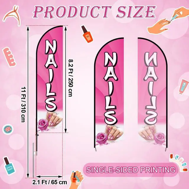 Alt view image 9 of 14 - 2 Sets Nails Salon Feather Flag Sign 11FT Nails Flags for Business Pole Kit with Stainless Steel Ground Spikes Portable Bags Pink Feather Banner Signs for Businesses Advertising Marketing