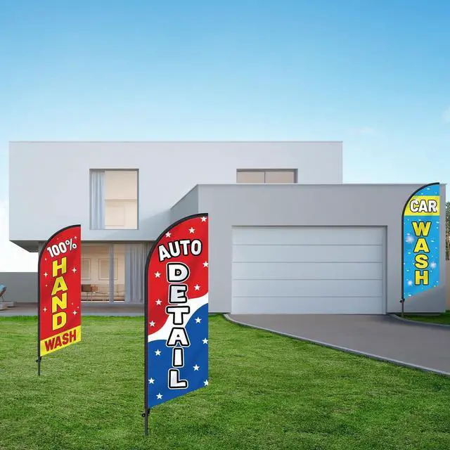 Alt view image 14 of 14 - 3 Pcs Car Wash Sign Car Wash Flags Feather Flag Banner Auto Detail Hand Wash Sign Feather Advertising Flag with Pole Kit Weatherproof Polyester Flag for Business Advertising