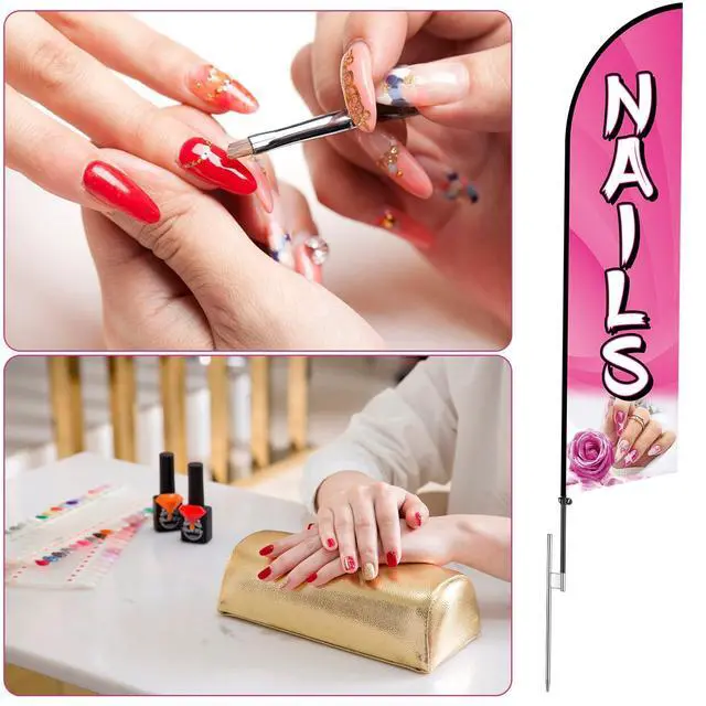Alt view image 12 of 14 - 2 Sets Nails Salon Feather Flag Sign 11FT Nails Flags for Business Pole Kit with Stainless Steel Ground Spikes Portable Bags Pink Feather Banner Signs for Businesses Advertising Marketing