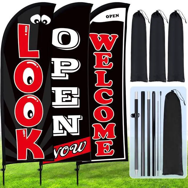 Alt view image 7 of 12 - 3 Sets Now Open Look Welcome Feather Flag Banners Advertising Sign for Business 7 Feet Tall Open Swooper Flag Sign with Fiberglass Pole Kit Rotating Ground Spike and Portable Bag (Black)
