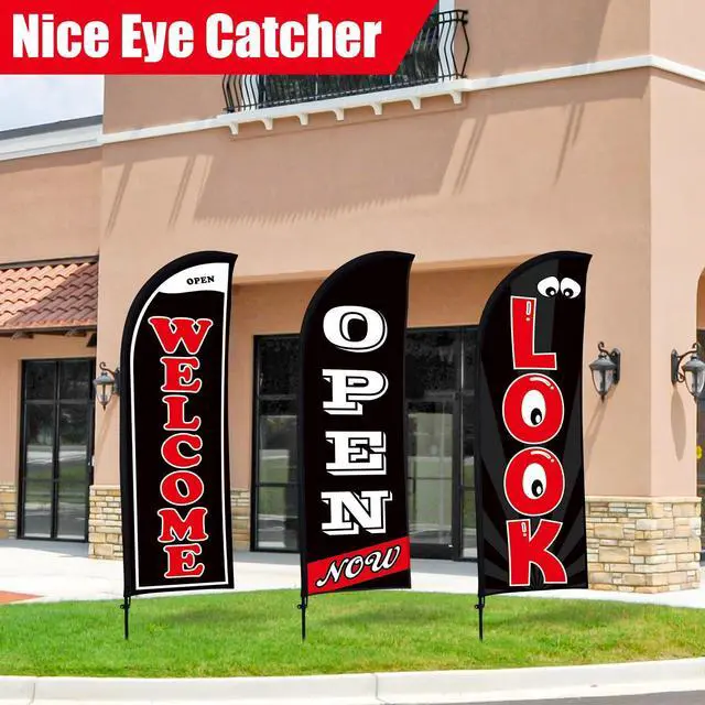 Alt view image 9 of 12 - 3 Sets Now Open Look Welcome Feather Flag Banners Advertising Sign for Business 7 Feet Tall Open Swooper Flag Sign with Fiberglass Pole Kit Rotating Ground Spike and Portable Bag (Black)