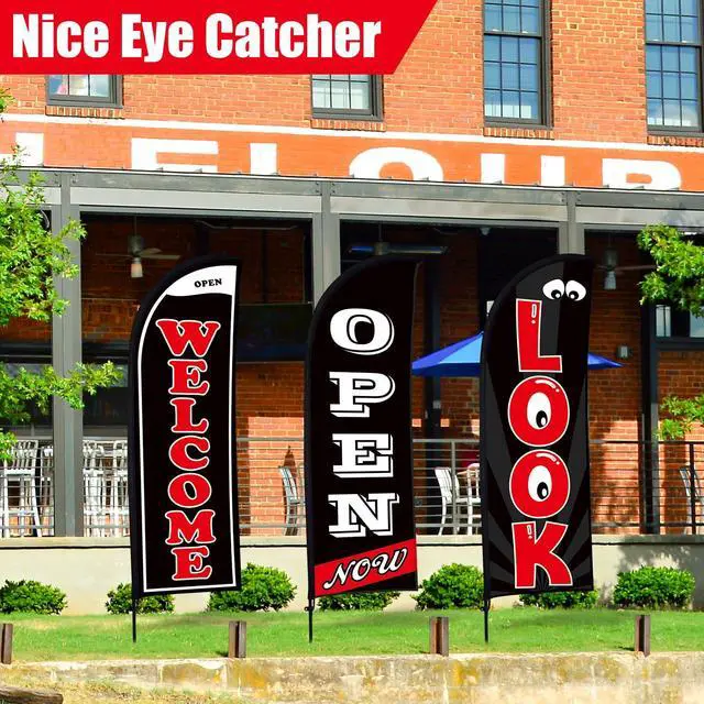 Alt view image 11 of 12 - 3 Sets Now Open Look Welcome Feather Flag Banners Advertising Sign for Business 7 Feet Tall Open Swooper Flag Sign with Fiberglass Pole Kit Rotating Ground Spike and Portable Bag (Black)