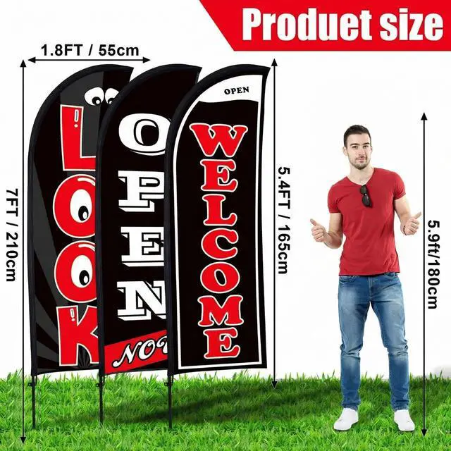 Alt view image 8 of 12 - 3 Sets Now Open Look Welcome Feather Flag Banners Advertising Sign for Business 7 Feet Tall Open Swooper Flag Sign with Fiberglass Pole Kit Rotating Ground Spike and Portable Bag (Black)