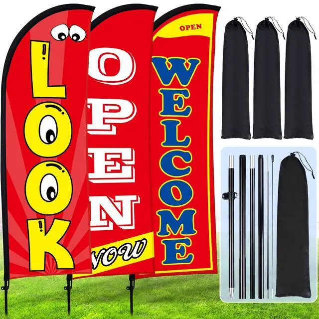 Alt view image 2 of 2 - 3 Sets Now Open Look Welcome Feather Flag Banners Advertising Sign for Business 7 Feet Tall Open Swooper Flag Sign with Fiberglass Pole Kit Rotating Ground Spike and Portable Bag