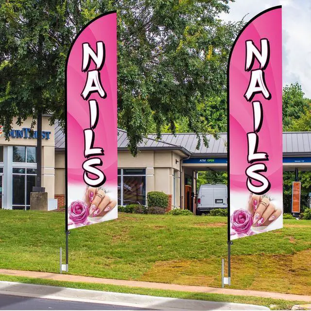 Alt view image 14 of 14 - 2 Sets Nails Salon Feather Flag Sign 11FT Nails Flags for Business Pole Kit with Stainless Steel Ground Spikes Portable Bags Pink Feather Banner Signs for Businesses Advertising Marketing