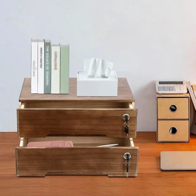 Alt view image 11 of 14 - Desk Organizer with 2 Drawers, Wooden Desktop Storage Cabinet File Holder with Locks and Keys, Storage Organizer Filing Case for Office Bedroom Home, L15.8*W11*H8.7in, Walnut