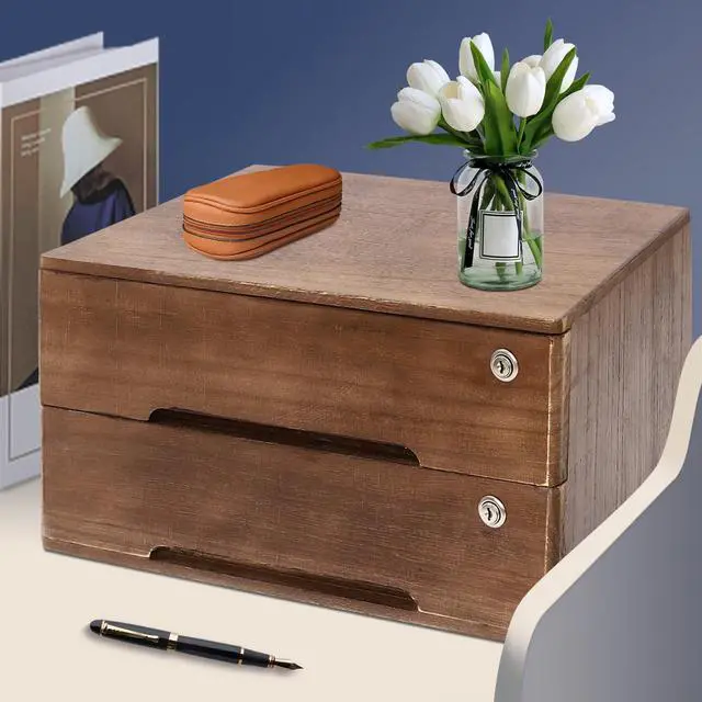 Alt view image 9 of 14 - Desk Organizer with 2 Drawers, Wooden Desktop Storage Cabinet File Holder with Locks and Keys, Storage Organizer Filing Case for Office Bedroom Home, L15.8*W11*H8.7in, Walnut