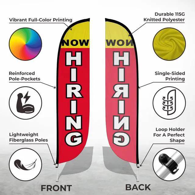 Alt view image 8 of 12 - Feather Flag Set, 12 ft Advertising Flag with Poles and Ground Spike for Business Promotion, Now Hiring (10M1200298GSet) | with Poles and Ground Spike