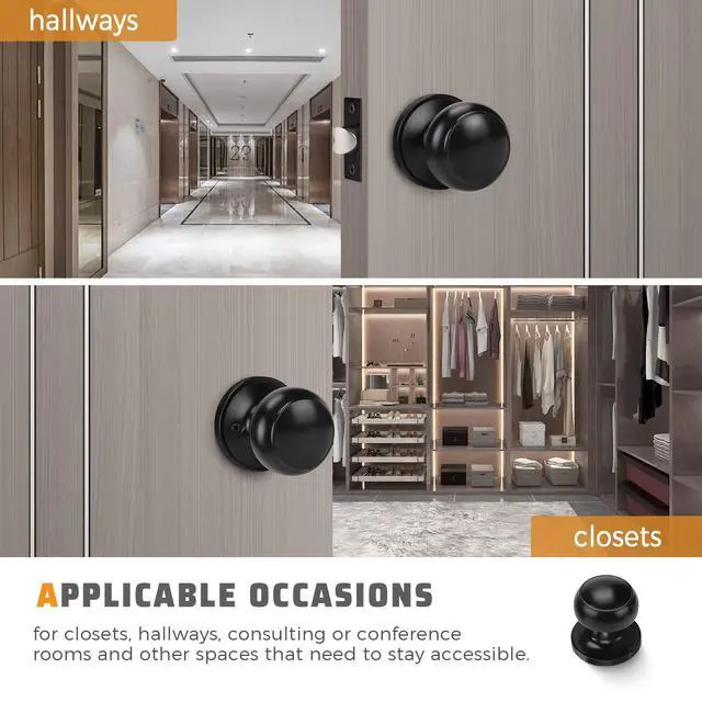 Alt view image 10 of 14 - 6 Pack Matte Black Door Knob - Round Interior Door Handles for Hallway & Closet, Non-Locking Passage Door Knobs with Durable Lockset, Easy Install