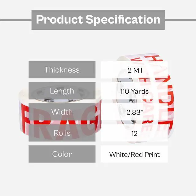 Alt view image 8 of 12 - Fragile Packing Tape, Preprinted Shipping Tape Rolls, White Red, 3 Inch x 110 Yards, Pack of 12 Rolls