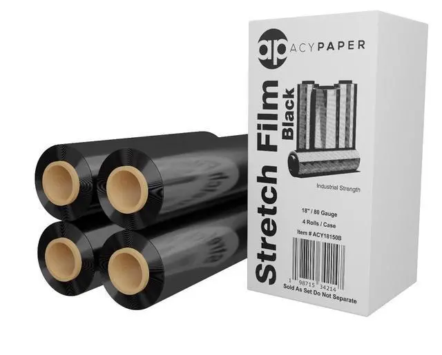 Alt view image 4 of 6 - 18" Black Stretch Wrap - 1500 Feet, 4 Rolls/Box, 80 Gauge | Durable Industrial Pallet Wrap for Moving, Packing, and Storage by