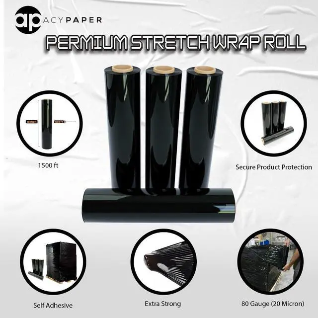 Alt view image 5 of 6 - 18" Black Stretch Wrap - 1500 Feet, 4 Rolls/Box, 80 Gauge | Durable Industrial Pallet Wrap for Moving, Packing, and Storage by