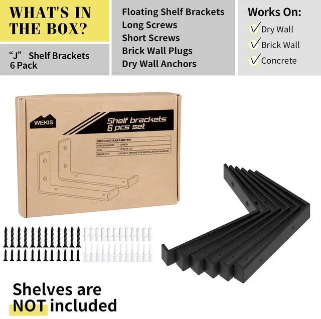 Alt view image 9 of 14 - 12 Inch Heavy Duty Floating Shelf Bracket, Wall Mounting Industrial Black Shelf Brackets, 1/5 Inch Thick Iron Metal Brackets for Shelves 6 Packs