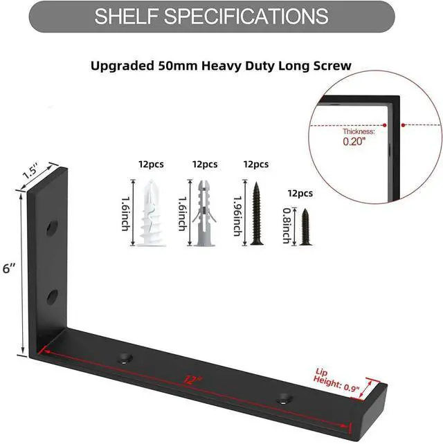 Alt view image 10 of 14 - 12 Inch Heavy Duty Floating Shelf Bracket, Wall Mounting Industrial Black Shelf Brackets, 1/5 Inch Thick Iron Metal Brackets for Shelves 6 Packs