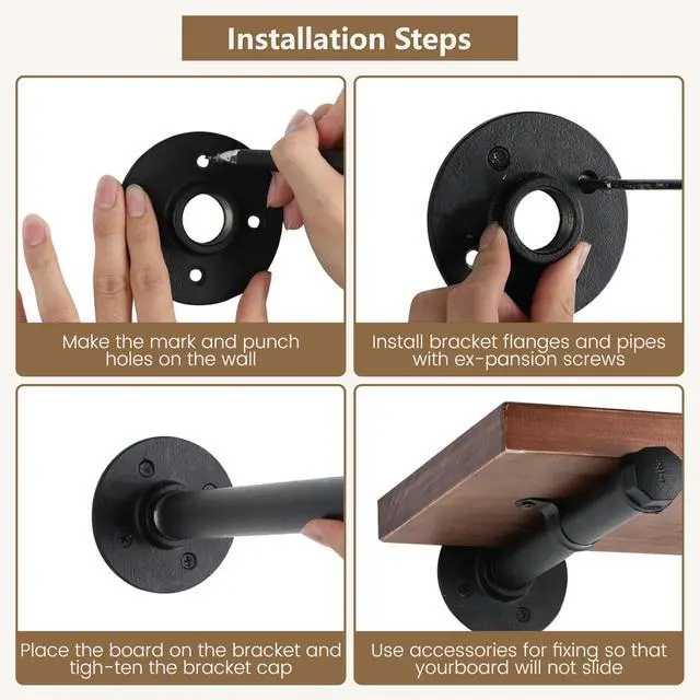 Alt view image 13 of 14 - Industrial Black Iron Pipe Shelf Brackets Wall Mount DIY Shelving Brackets Pipe Decor Wall Rustic Garment Rack Hardware Included, 8 Inch Set of 8