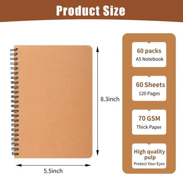 Alt view image 9 of 14 - 60 Packs A5 Spiral Lined Notebooks, Kraft Paper Cover, 8.0"×5.6", 60 Sheets/120 Pages, Ruled Notebooks Bulk, Hardcover Journal Notepad Travel Notebooks for Office and Back to School Supplies