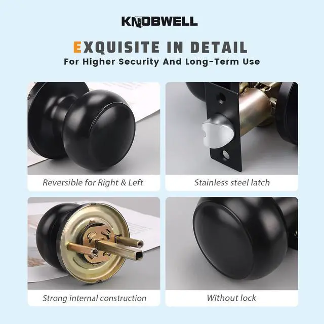 Alt view image 13 of 14 - 6 Pack Matte Black Door Knob - Round Interior Door Handles for Hallway & Closet, Non-Locking Passage Door Knobs with Durable Lockset, Easy Install
