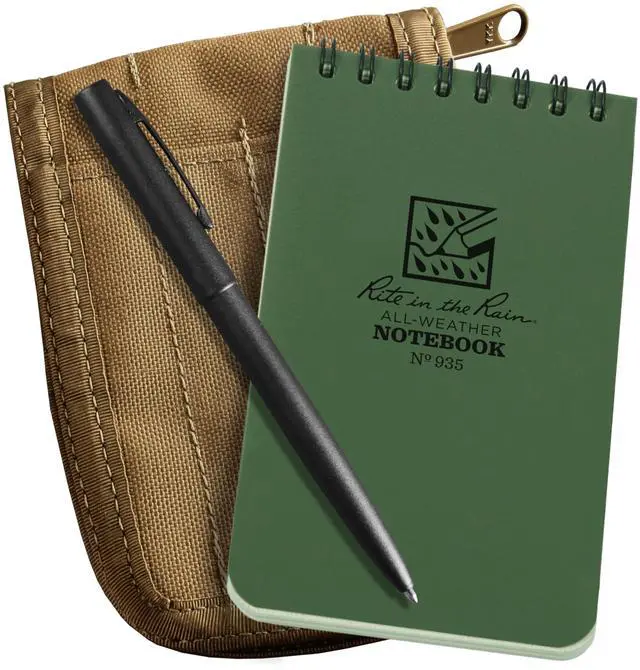 Alt view image 8 of 14 - Weatherproof 3" x 5" Top Spiral Notebook Kit: Tan CORDURA Fabric Cover, 3" x 5" Green Notebook, and an Weatherproof Pen (No. 935-KITL)