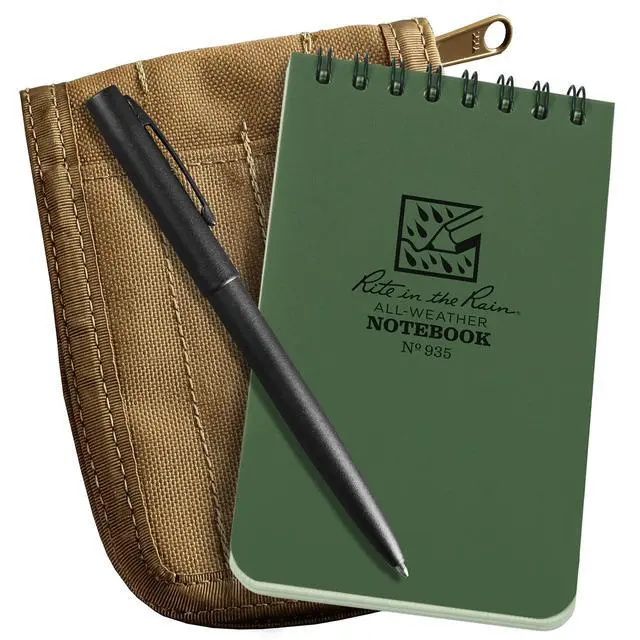 Alt view image 9 of 14 - Weatherproof 3" x 5" Top Spiral Notebook Kit: Tan CORDURA Fabric Cover, 3" x 5" Green Notebook, and an Weatherproof Pen (No. 935-KITL)
