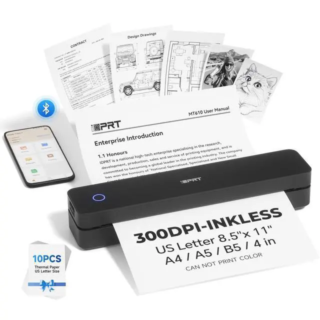 Alt view image 2 of 2 - Portable Printer Wireless for Travel - Bluetooth Mobile Printer Support for 8.5"x11" US Letter, Inkless Compatible with iOS, Android, Laptop for Office, Car and Home (300DPI, Black)