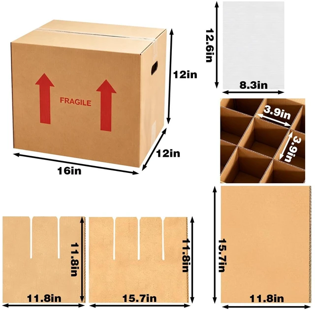 Alt view image 9 of 14 - 4 Sets Wine Boxes for Moving, 16 x 12 x 12 Inch Wine Bottle Moving Boxes with Reinforced Cardboard and Handles, Corrugated Boxes with Fragile Labels for Glassware, Moving, Packaging, Storage