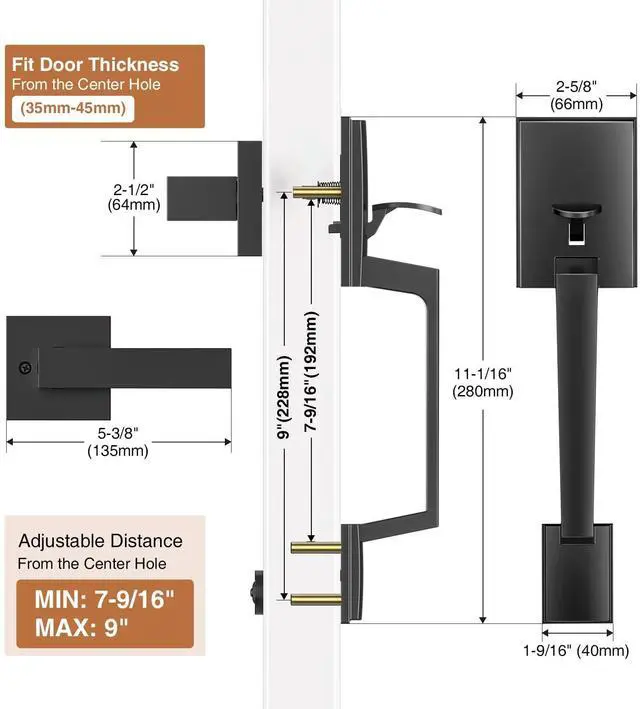 Alt view image 10 of 14 - Black Front Door Handle No Lock for Modern Entry Door | Zinc Alloy, Reversible Exterior Door Handle for Left & Right Hand Door, Lower Half Grip, 35MM-45MM Door Thickness