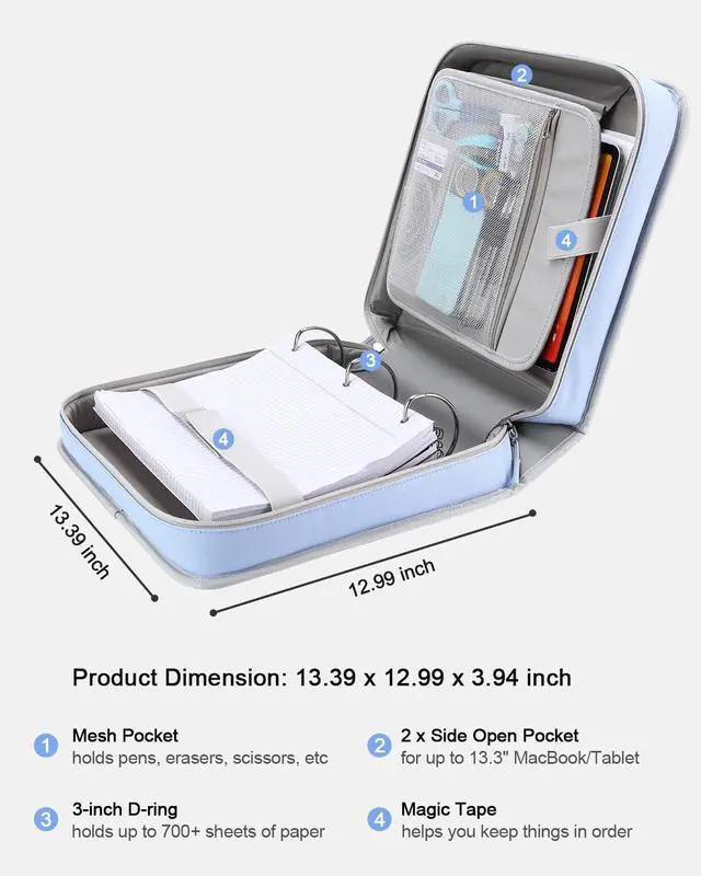 Alt view image 11 of 14 - 3" D-ring Zipper Binder with 700+ Sheets Capacity | 3-ring Zip Up Binder with Shoulder Strap for School, College, Office, Compatible with 13" MacBook/Tablet (Light Blue)