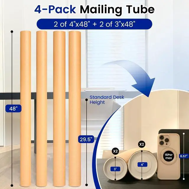 Alt view image 10 of 14 - 4 Pack Poster Mailing Tubes with Caps, Heavy Duty Cardboard Poster Tube, Shipping Tube for Prints, Documents, Crafts & Golf Clubs (4in*48in, 3in*48in)
