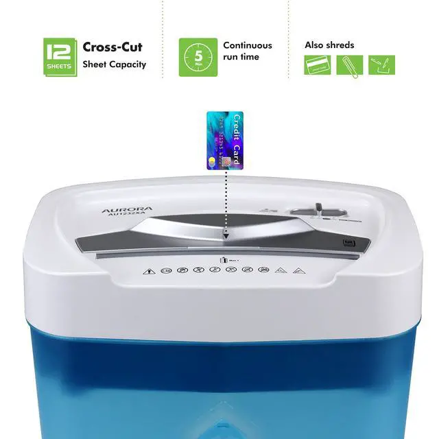 Alt view image 9 of 14 - AU1232XA Anti-Jam 12-Sheet Crosscut Paper/Credit Card Shredder with 5.2-Gallon Wastebasket (White/Semi Translucent Blue)