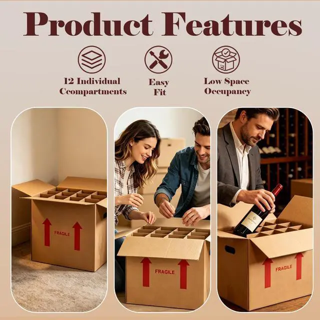 Alt view image 13 of 14 - 4 Sets Wine Boxes for Moving, 16 x 12 x 12 Inch Wine Bottle Moving Boxes with Reinforced Cardboard and Handles, Corrugated Boxes with Fragile Labels for Glassware, Moving, Packaging, Storage
