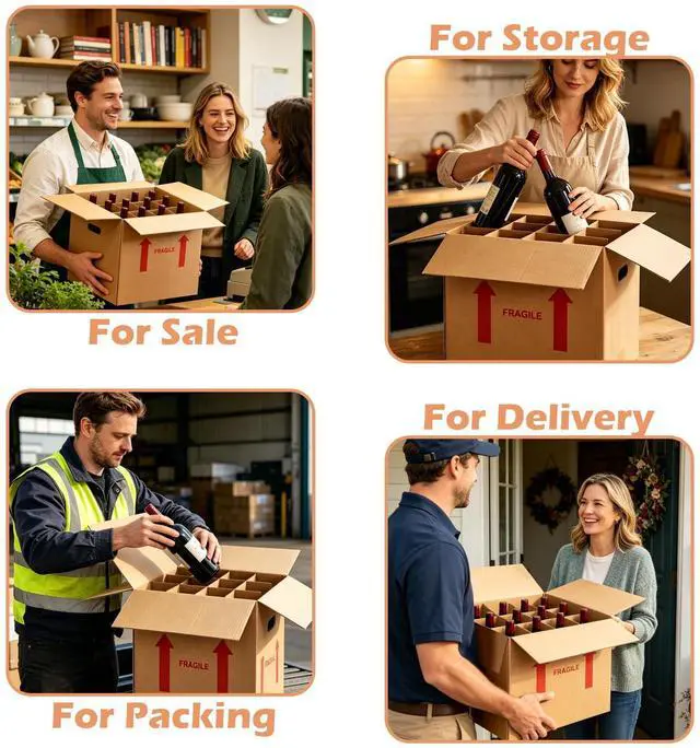 Alt view image 12 of 14 - 4 Sets Wine Boxes for Moving, 16 x 12 x 12 Inch Wine Bottle Moving Boxes with Reinforced Cardboard and Handles, Corrugated Boxes with Fragile Labels for Glassware, Moving, Packaging, Storage