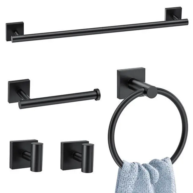 Alt view image 8 of 14 - 5 Pieces Bathroom Hardware Accessories Set Matte Black Towel Bar Set Stainless Steel Wall-Mounted Towel Holder 23.6 Inch Towel Racks for Bathroom