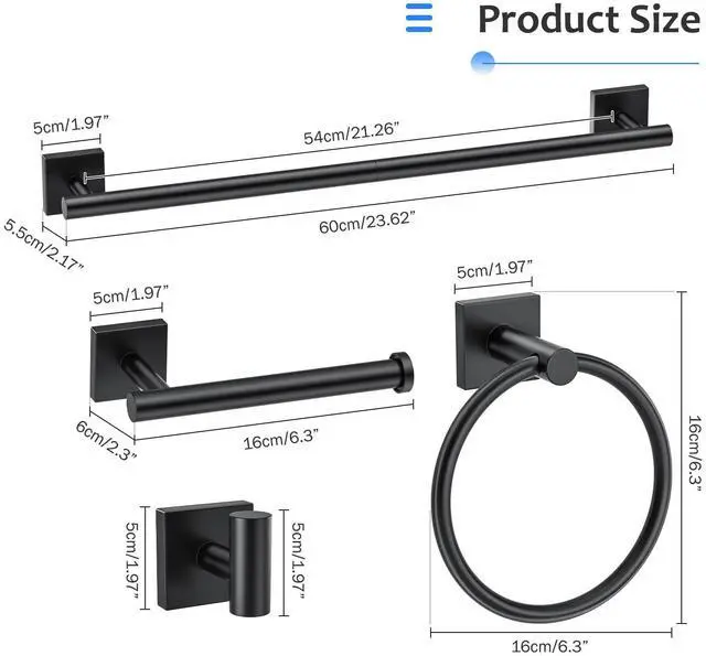 Alt view image 13 of 14 - 5 Pieces Bathroom Hardware Accessories Set Matte Black Towel Bar Set Stainless Steel Wall-Mounted Towel Holder 23.6 Inch Towel Racks for Bathroom