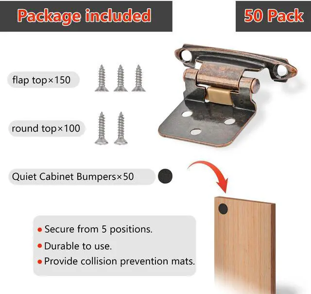 Alt view image 12 of 12 - 50 Pack 25 Pairs 1/2" Overlay Cabinet Door Hinges - Oil Rubbed Bronze Self Closing Hinges