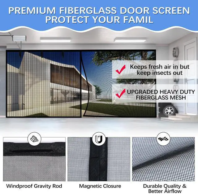 Alt view image 12 of 12 - Garage Door Screen for 2 Car Garage 16x7FT, Magnetic Screen Garage with Retractable Fiberglass Mesh and Heavy Duty Weighted Bottom, Easy Assembly & Pass, Hands Free Door Screen Kit