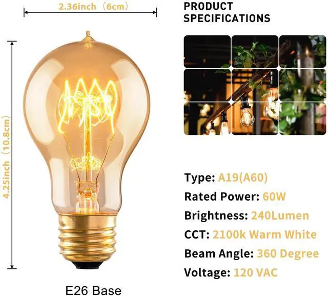 Alt view image 9 of 14 - Warm Incandescent Light Bulbs 60 Watt,A19/A60 Vintage Style Edison Bulbs E26,Soft Yellow Light Bulbs,Amber Bulbs,Retro Light Bulb Old Fashioned,Halogen Dimmable Edison Bulb Squirrel Cage