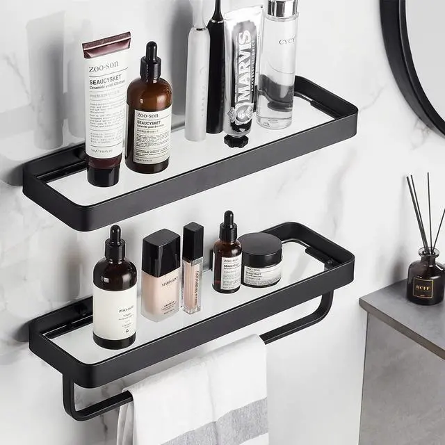 Alt view image 8 of 14 - Bathroom Shelves Wall Mounted Glass Shelf for Floating Shelf Tempered Glass Shelves 2 Tier Bathroom Wall Organizer(Black)