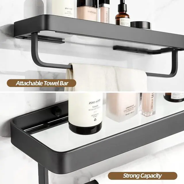 Alt view image 11 of 14 - Bathroom Shelves Wall Mounted Glass Shelf for Floating Shelf Tempered Glass Shelves 2 Tier Bathroom Wall Organizer(Black)