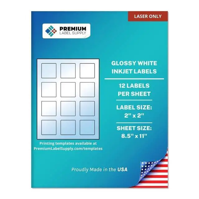 Alt view image 2 of 2 - Glossy White Sticker Square Labels with Bleed 2" x 2" (12 per Sheet) (Glossy White for Laser Only, 1200 Labels)