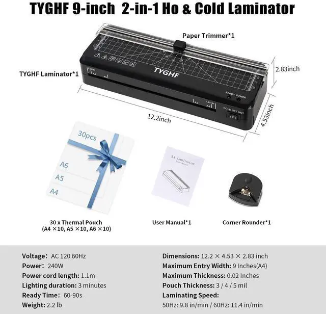 Alt view image 12 of 12 - Laminator Machine with 30 Laminating Sheets (A4/A5/A6), 4-in-1 Thermal and Cold Lamination Machine with Built-in Paper Trimmer and Angle Scale, 2-Min Warm-up Laminator for Home Office Black