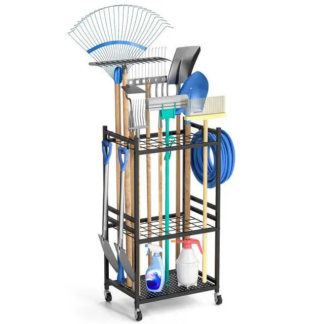 Alt view image 8 of 14 - Garden Organizer With Wheels, Yard Tower Rack for Garage Storage, Up to 35 Long-Handled Tools, Sturdy Metal Steel Holder With 3 Hooks, Outdoor, Black