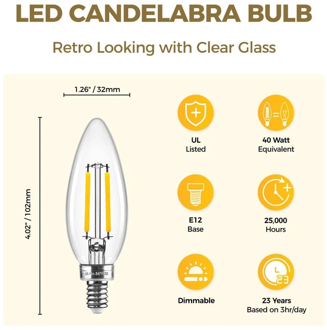 Alt view image 9 of 14 - E12 Candelabra LED Bulb 40W Eq, Dimmable 3000K, 12 Pack E12 LED Bulb Dimmable, 3000K 40W Eq Candelabra Light Bulbs, 12Pack
